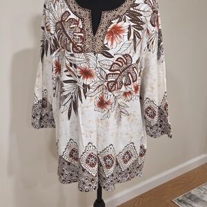 Alfred Dunner Brown and White Floral Tunic